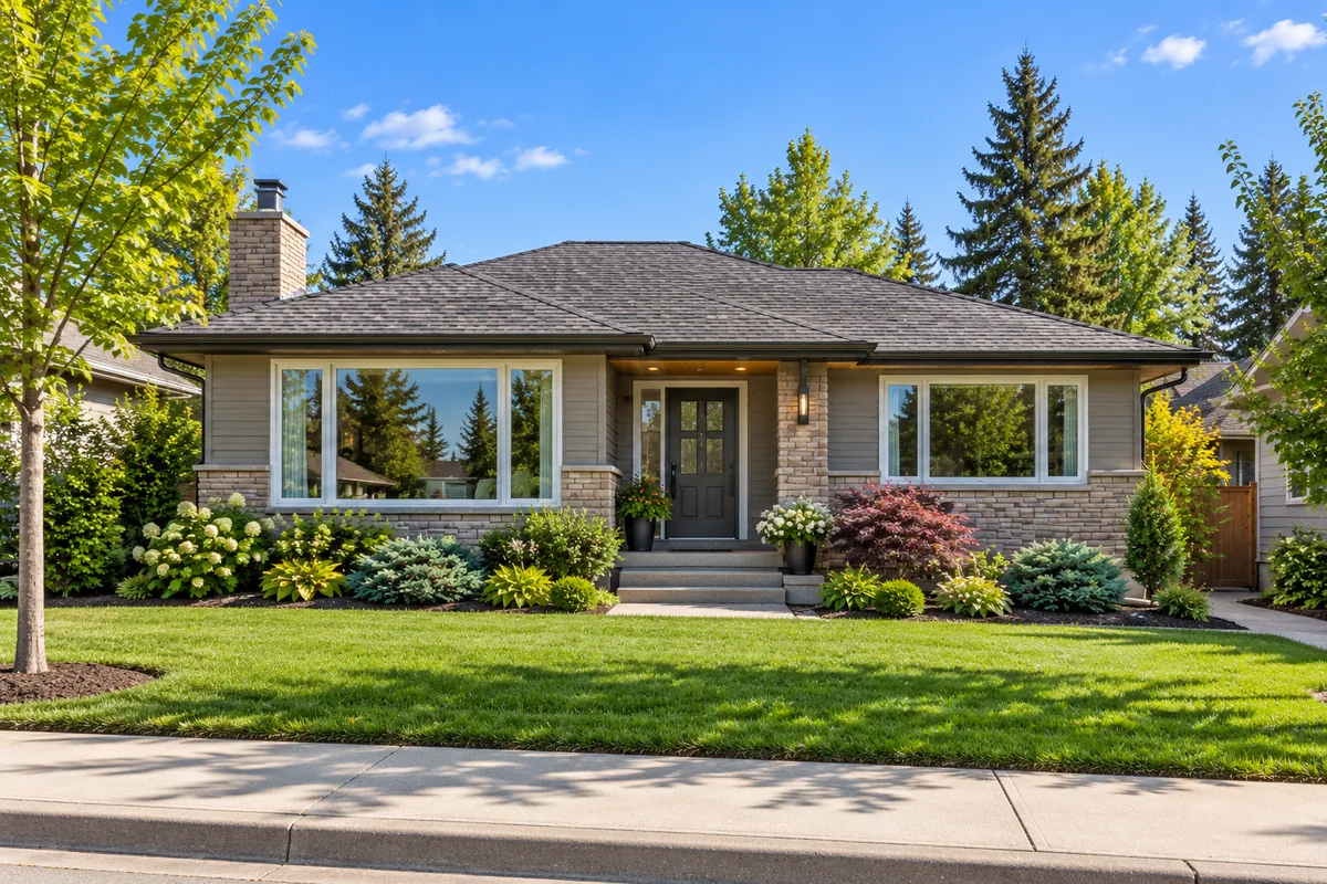 Illustrative single-storey Calgary bungalow with no front-facing garage