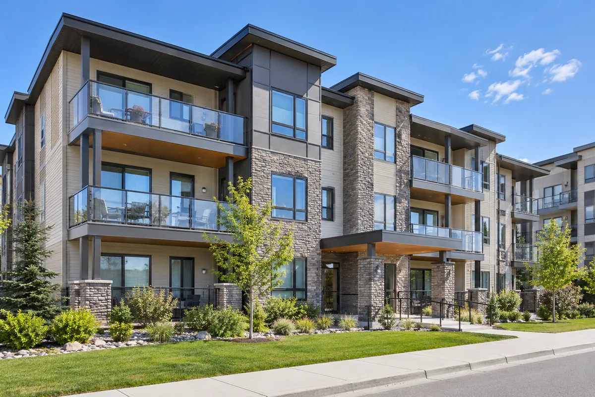 Illustrative contemporary Calgary apartment building with balconies
