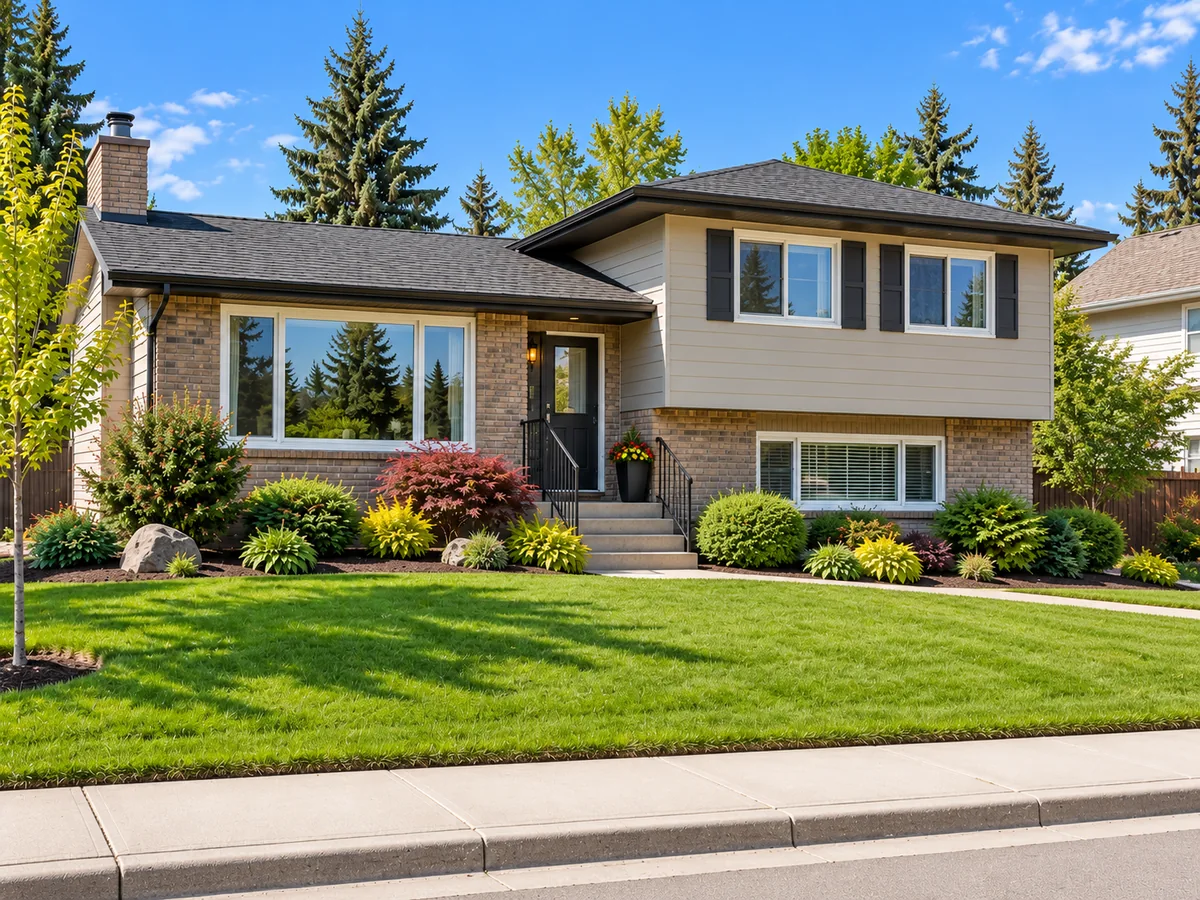 Illustrative staggered-level Calgary detached home with split roofline and no front garage