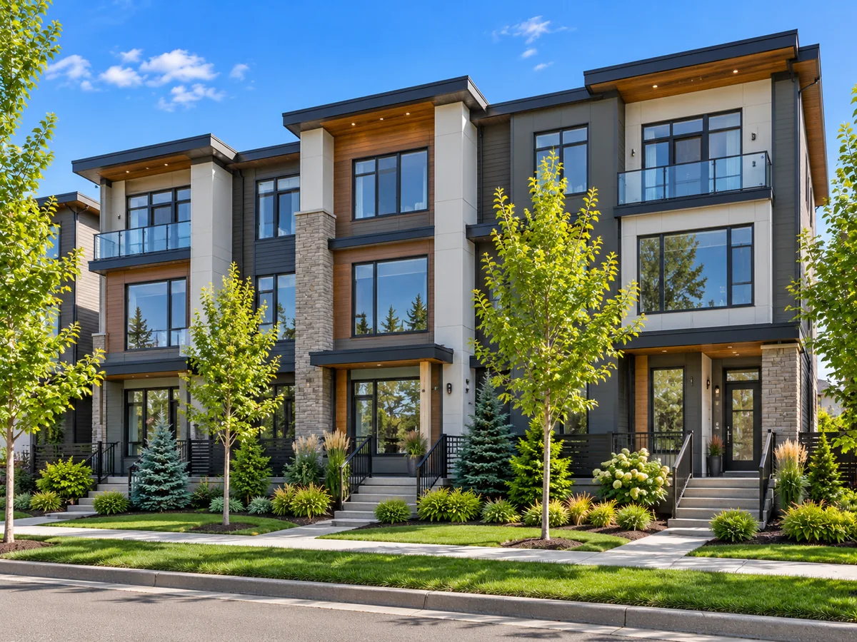 Illustrative three-storey row townhouses in a Calgary-style neighbourhood