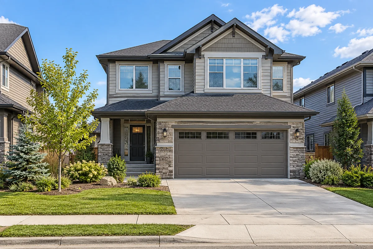 Illustrative Calgary-style two-storey detached home with upper-level windows and an attached garage