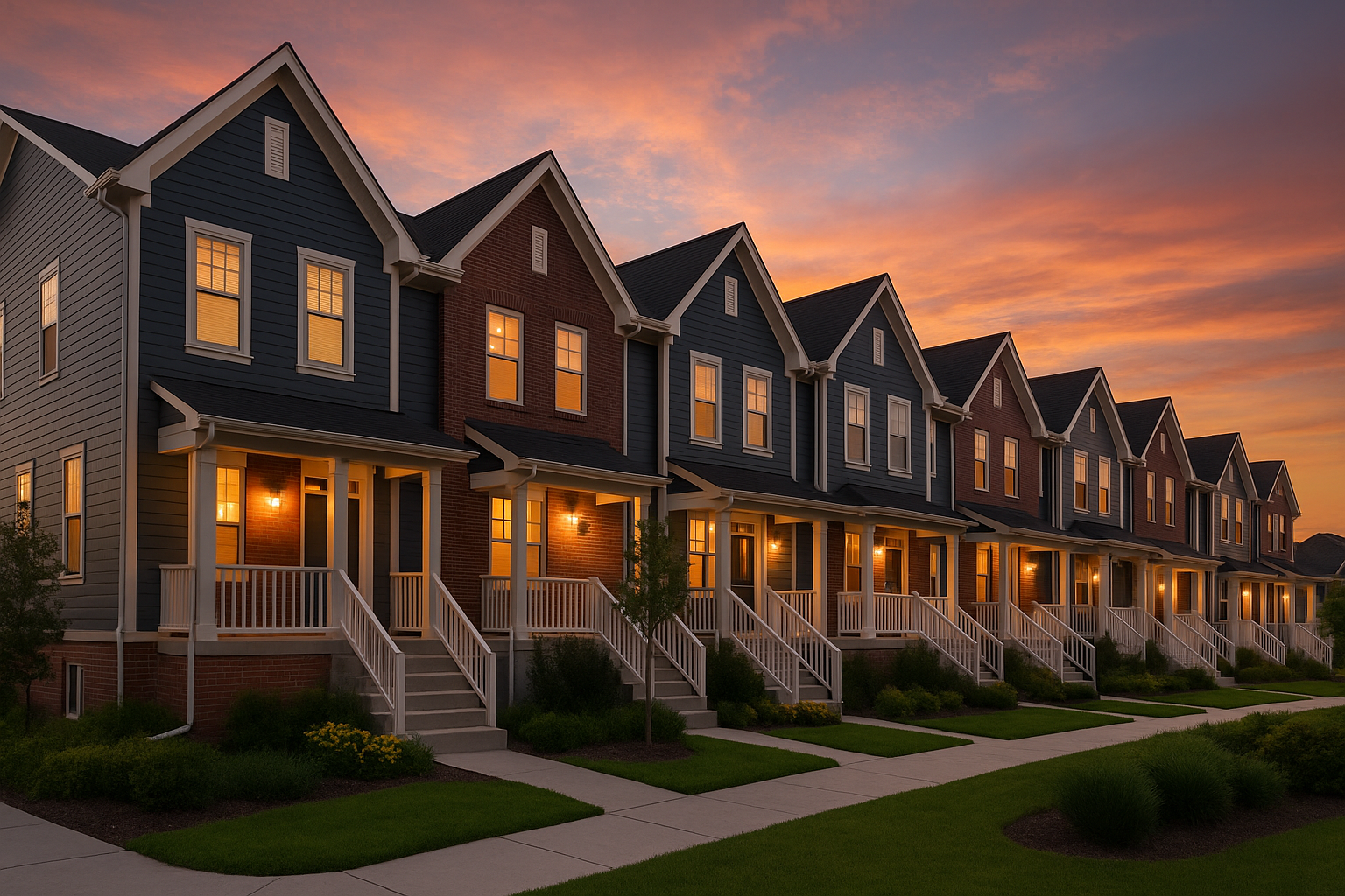 Family-friendly Calgary row home complex at sunset with attached garages and welcoming design